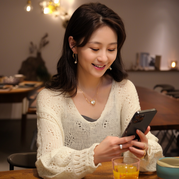 生活瞬间，美女，针织衫，家庭餐桌，4K超清，写实风格，温馨，柔和室内光，皮肤有质感，项链，耳环，手机。