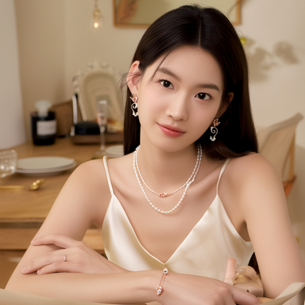 生活瞬间，美女，韩系美女，丝绸，美妆广告，家庭餐桌，4K超清，写实风格，温馨，柔和室内光，细腻皮肤，项链，耳环，手链。