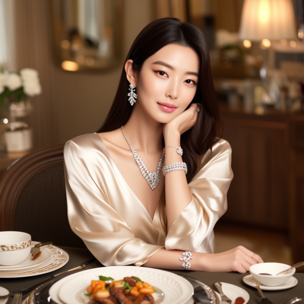 生活瞬间，美女，韩系美女，丝绸，美妆广告，家庭餐桌，4K超清，写实风格，温馨，柔和室内光，细腻皮肤，项链，耳环，手链。