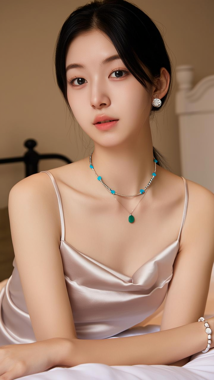 生活瞬间，美女，韩系美女，丝绸，美妆，卧室，4K超清，写实风格，温馨，柔和室内光，细腻皮肤，项链，耳环，手链。