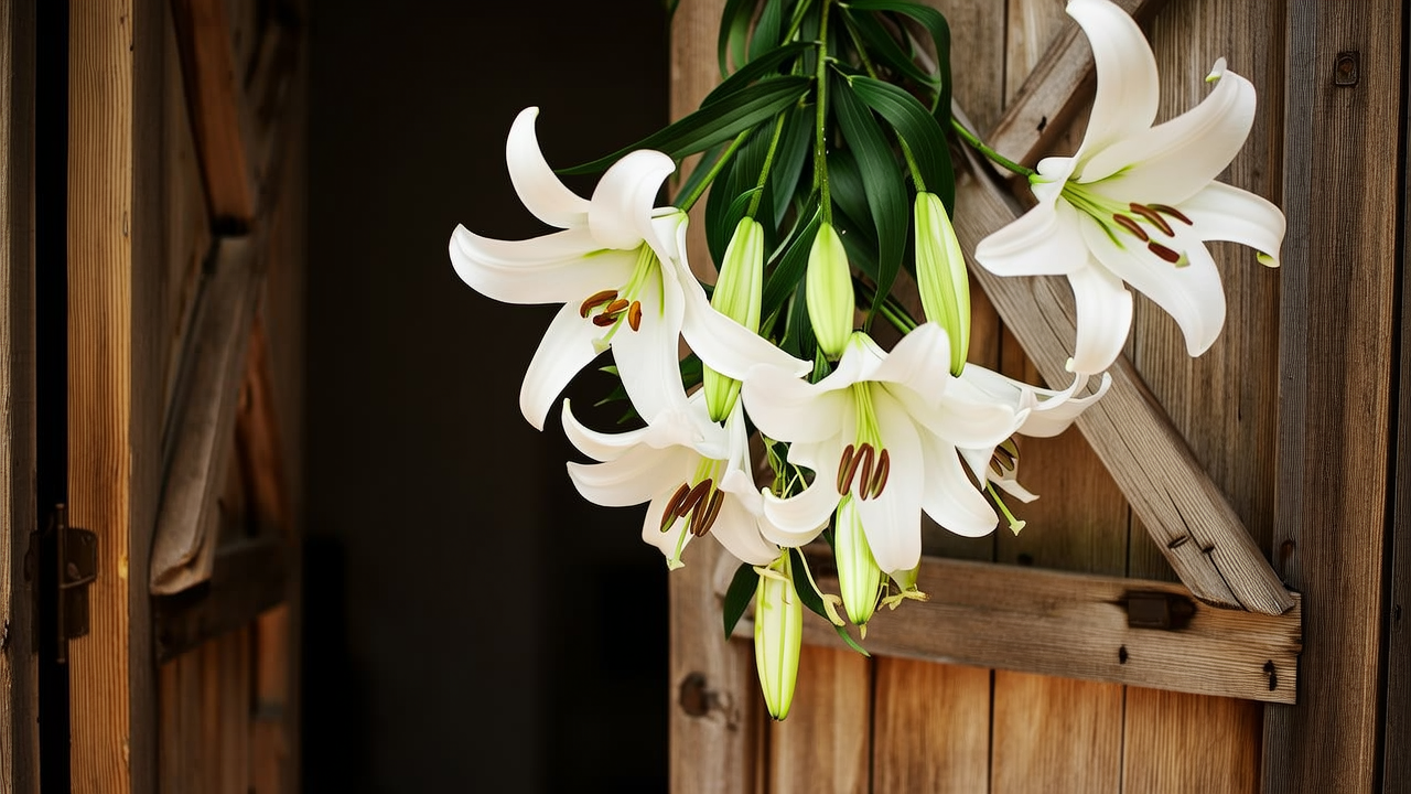 静物摄影，高清摄影，百合花，特写镜头，大透视，挂在门上，精致的花，木门，超高清分辨率，简约风格，自然，自然光，木质纹理