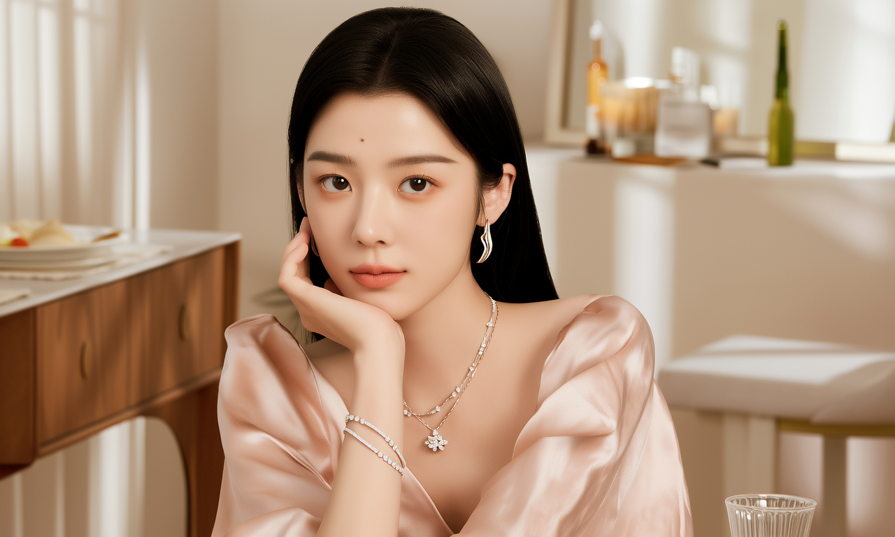 生活瞬间，美女，韩系美女，丝绸，美妆广告，家庭餐桌，4K超清，写实风格，温馨，柔和室内光，细腻皮肤，项链，耳环，手链。