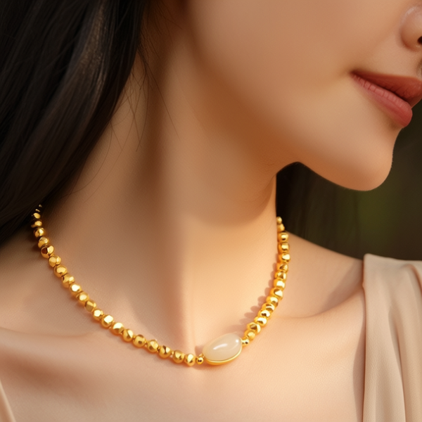 黄金搭配玉石项链图片