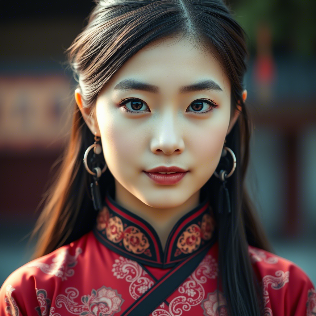 中国女孩，圆脸，看着镜头，优雅的民族服装，商业摄影，室外，电影级光照，半身特写，精致的淡妆，锐利的边缘。