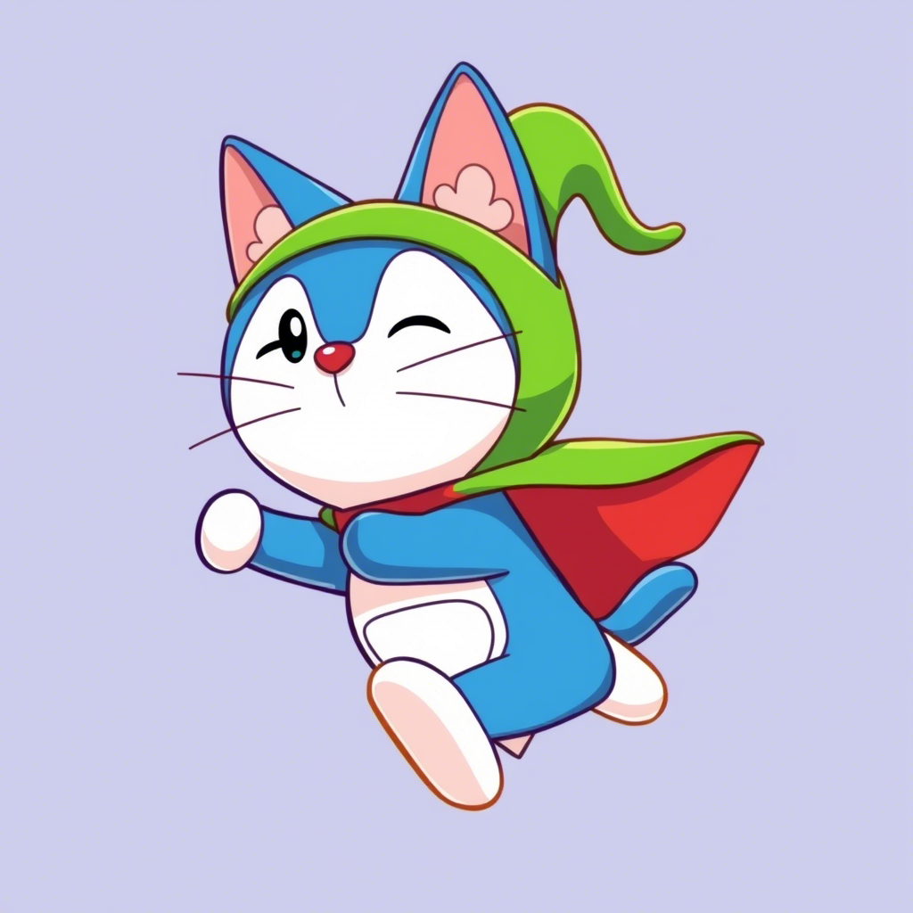 蓝色猫咪，长得像瘦子版的多啦A梦，带个绿帽子，穿个披风，在飞